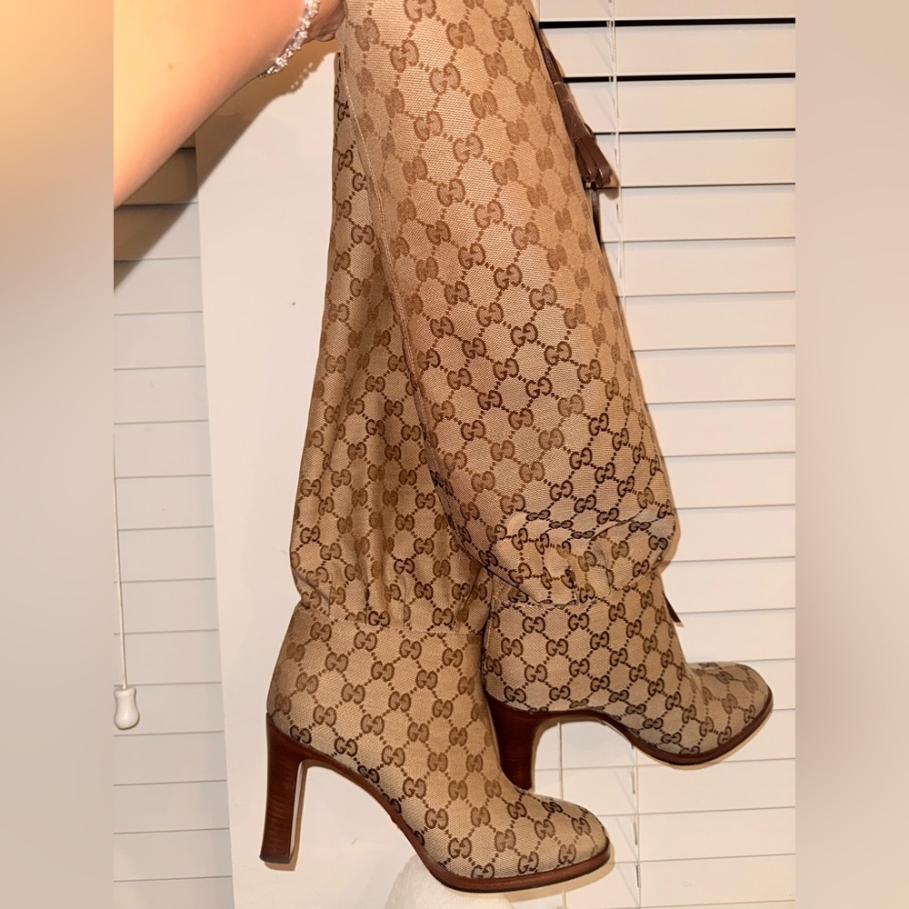 Gucci Beige Monogram Over-the-Knee Boots